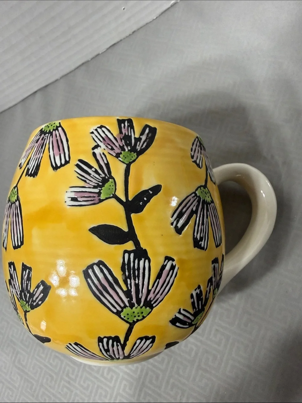 Vintage Potter’s Studio Boho Ceramic Mug Cup Yellow Floral Pattern Hand Painted
